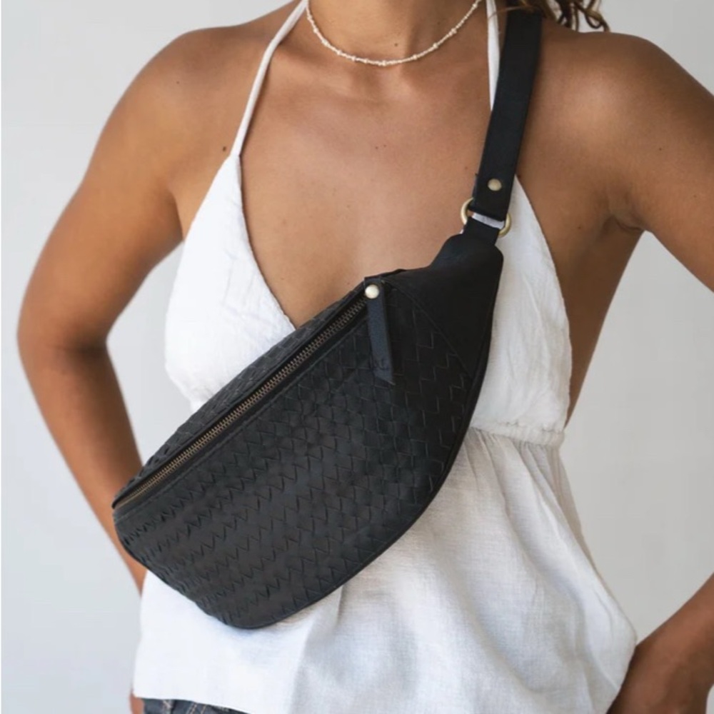 Black Woven Leather Atlas Bag (Fanny Pack) by MANDRN